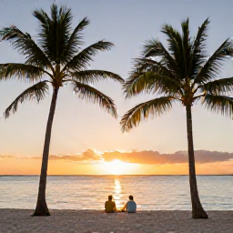 Caribbean Holidays, Cayman Islands February, Couple enjoying a peaceful sunset on a Cayman Islands beach, with palm trees and calm sea