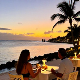 Caribbean Holidays, Cayman Islands February, Couple enjoying a sunset dinner at a waterfront restaurant in Grand Cayman, warm evening light and tropical surroundings
