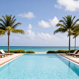 Caribbean Holidays, Cayman Islands February, Elegant adults-only resort pool overlooking the Caribbean Sea in Grand Cayman, sun loungers, palm trees and peaceful atmosphere