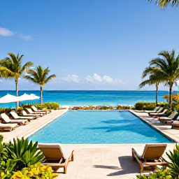 Caribbean Holidays, Cayman Islands February, Elegant all-inclusive resort beside the Caribbean Sea in Grand Cayman, with a swimming pool, sun loungers, tropical gardens and clear blue skies