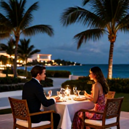 Caribbean Holidays, Cayman Islands February, Elegant outdoor dinner for two at a Cayman Islands adults-only resort, with tropical evening lighting and ocean views