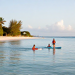 Caribbean Holidays, Cayman Islands February, Families swimming and paddling in calm shallow water at Seven Mile Beach, Cayman Islands, bright tropical afternoon