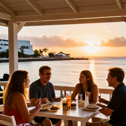Caribbean Holidays, Cayman Islands February, Family enjoying a relaxed outdoor meal at a waterfront restaurant in George Town, Cayman Islands, sunset light
