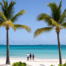 Caribbean Holidays, Cayman Islands February, Peaceful tropical coastline in Grand Cayman with palm trees, clear blue water and a couple walking along the shore