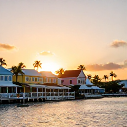 Caribbean Holidays, Cayman Islands February, Relaxed evening at George Town waterfront in Grand Cayman with local restaurants, colourful buildings and a warm Caribbean sunset