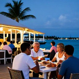 Caribbean Holidays, Cayman Islands February, Relaxed evening scene at a waterfront restaurant in George Town, Grand Cayman, with diners enjoying fresh seafood