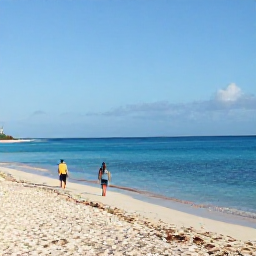 Caribbean Holidays, Cayman Islands February, Visitors walking along Seven Mile Beach in Grand Cayman on a bright February morning with calm turquoise water