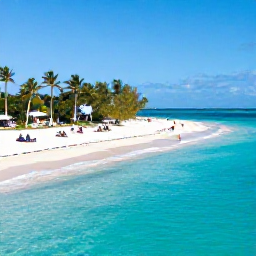 Caribbean Holidays, Cayman Islands Holidays, A wide view of Seven Mile Beach in Grand Cayman with clear turquoise water, white sand, palm trees and relaxed holidaymakers