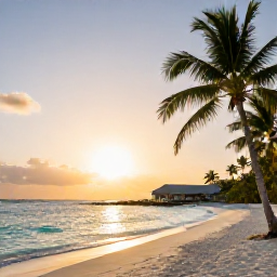 Caribbean Holidays, Cayman Islands Holidays, Peaceful Caribbean sunset over a luxury beachfront resort in the Cayman Islands, with palm trees and calm turquoise sea