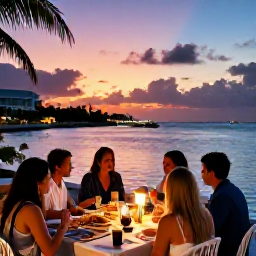 Caribbean Holidays, Cayman Islands Holidays, Relaxed evening at a waterfront restaurant in Grand Cayman with diners, local seafood and a colourful Caribbean sunset
