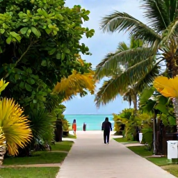 Caribbean Holidays, Cayman Islands Holidays, Visitors exploring a quiet coastal path and lush tropical landscape on Grand Cayman, with a glimpse of the sea