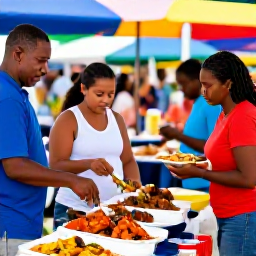 Caribbean Holidays, Cayman Islands January, Caymanian family preparing traditional Caribbean food at a colourful outdoor market, with fresh seafood, produce and local dishes
