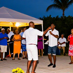 Caribbean Holidays, Cayman Islands January, Traditional Caymanian music and dance performance at an outdoor evening gathering, with island residents and holidaymakers enjoying the event