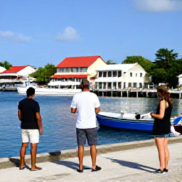 Caribbean Holidays, Cayman Islands January, Visitors exploring a historic Caymanian waterfront with traditional buildings, boats and a local guide in bright winter sunshine