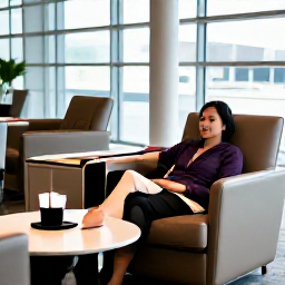 Caribbean Holidays, Cayman Islands July, Business class passenger relaxing in an airport lounge before a flight to the Cayman Islands