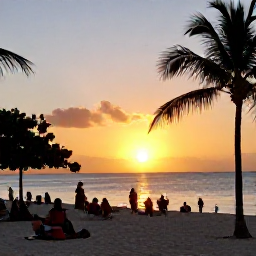 Caribbean Holidays, Cayman Islands July, Cayman Islands beach at sunset with visitors enjoying a calm evening after a cultural day, palm trees and warm golden light