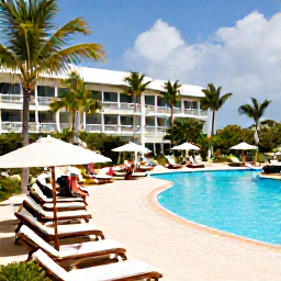 Caribbean Holidays, Cayman Islands July, Comfortable beachfront all-inclusive resort in Grand Cayman with palm trees, swimming pool, sun loungers and guests enjoying a relaxed July afternoon