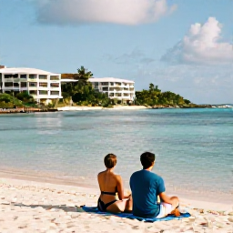 Caribbean Holidays, Cayman Islands July, Couple relaxing beside a calm turquoise sea at an adults-only Cayman Islands resort in warm July sunshine