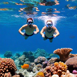 Caribbean Holidays, Cayman Islands July, Couple snorkelling above colourful coral and tropical fish in clear shallow water off Grand Cayman