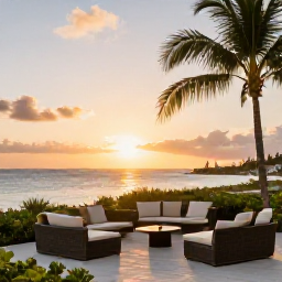 Caribbean Holidays, Cayman Islands July, Elegant Cayman Islands resort terrace at sunset, with comfortable seating, palm trees and the Caribbean Sea beyond