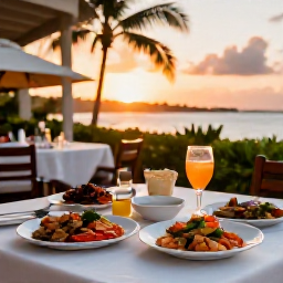 Caribbean Holidays, Cayman Islands July, Outdoor table at a relaxed Caribbean restaurant in George Town with fresh seafood and sunset light