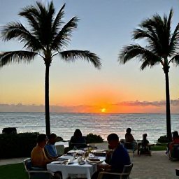 Caribbean Holidays, Cayman Islands July, Relaxed evening at a Cayman Islands beach resort with a colourful sunset, palm silhouettes and guests dining outdoors beside the Caribbean Sea