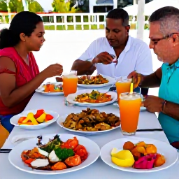 Caribbean Holidays, Cayman Islands July, Traditional Caymanian food at a casual outdoor gathering, including fresh seafood, fritters and tropical fruit