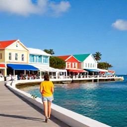 Caribbean Holidays, Cayman Islands July, Traveller exploring George Town in Grand Cayman, with colourful buildings, waterfront views and local shops