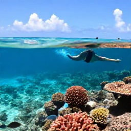 Caribbean Holidays, Cayman Islands July, Visitors snorkelling above colourful coral and tropical fish in clear shallow water off Grand Cayman, with a sunny Caribbean seascape