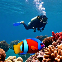 Caribbean Holidays, Cayman Islands June, Colourful reef fish and coral gardens beside a diver in clear Caribbean water near Cayman Brac