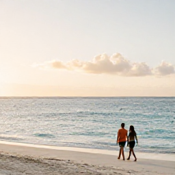 Caribbean Holidays, Cayman Islands June, Couple walking along Seven Mile Beach at sunset in Grand Cayman, calm turquoise water and soft golden light