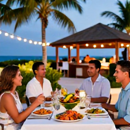 Caribbean Holidays, Cayman Islands June, Elegant outdoor dinner at an adults-only Cayman Islands resort, fresh seafood, tropical plants and evening lights