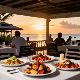 Caribbean Holidays, Cayman Islands June, Friendly Caribbean restaurant terrace at sunset with fresh seafood, colourful dishes and relaxed diners in the Cayman Islands