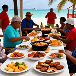 Caribbean Holidays, Cayman Islands June, Traditional Caymanian food being prepared at a lively seaside gathering, including fresh seafood, fritters and tropical fruit