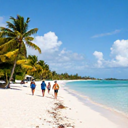 Caribbean Holidays, Cayman Islands June, Visitors walking along Seven Mile Beach with calm blue water and palm trees under a sunny Caribbean sky