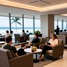 Caribbean Holidays, Cayman Islands March, Business class passengers relaxing in a stylish airport lounge before a flight to the Cayman Islands