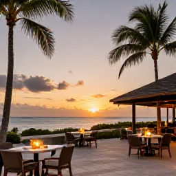 Caribbean Holidays, Cayman Islands March, Elegant adults-only resort terrace in Grand Cayman at sunset, with outdoor dining and softly lit palm trees