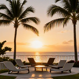 Caribbean Holidays, Cayman Islands March, Elegant Cayman Islands resort at sunset with a comfortable outdoor terrace, palm trees and warm Caribbean light