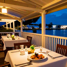 Caribbean Holidays, Cayman Islands March, Outdoor dining terrace in George Town, Grand Cayman, serving fresh seafood during a warm March evening