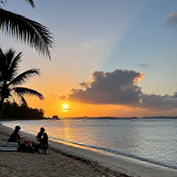 Caribbean Holidays, Cayman Islands March, Peaceful sunset over a quiet Cayman Islands beach with travelling companions enjoying dinner near the shore