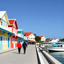 Caribbean Holidays, Cayman Islands March, Travellers walking beside colourful waterfront buildings and fishing boats in George Town, Grand Cayman, during a sunny March day