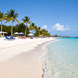 Caribbean Holidays, Cayman Islands March, White sandy Seven Mile Beach with clear shallow water, sun loungers and palm trees on Grand Cayman