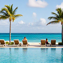 Caribbean Holidays, Cayman Islands May, Adults-only resort pool overlooking the Caribbean Sea in Grand Cayman, sun loungers, palm trees and a couple enjoying a quiet afternoon