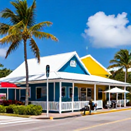 Caribbean Holidays, Cayman Islands May, Colourful waterfront shops, palm trees and a casual local restaurant in George Town, Grand Cayman
