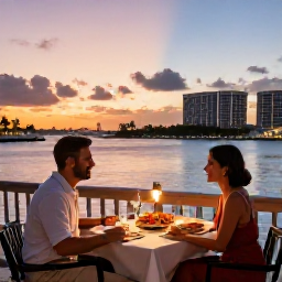 Caribbean Holidays, Cayman Islands May, Couple dining at an elegant waterfront restaurant in Grand Cayman at sunset, fresh seafood and tropical evening light