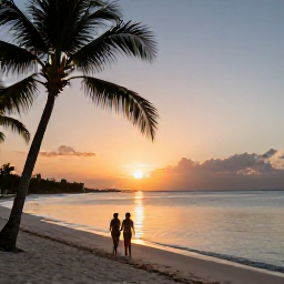 Caribbean Holidays, Cayman Islands May, Couple walking along a peaceful Cayman Islands beach at sunset, with palm silhouettes and calm Caribbean water
