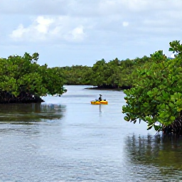 Caribbean Holidays, Cayman Islands May, Green mangrove wetlands in the Cayman Islands with calm water, native birds and a small kayak moving through the channels