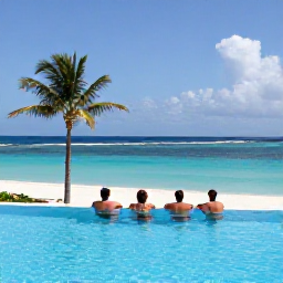 Caribbean Holidays, Cayman Islands May, Guests relaxing beside an infinity pool overlooking Seven Mile Beach, with palm trees and clear blue water in May