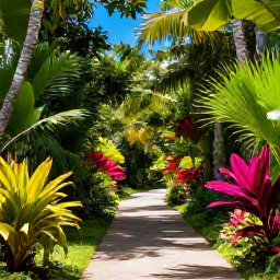 Caribbean Holidays, Cayman Islands May, Peaceful forest trail at the Queen Elizabeth II Botanic Park in Grand Cayman with colourful tropical plants and a blue sky