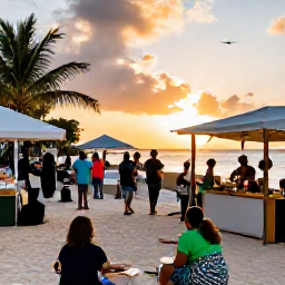 Caribbean Holidays, Cayman Islands May, Relaxed cultural evening in the Cayman Islands with live Caribbean music, local food stalls and visitors enjoying a warm sunset